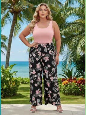 SHEIN Curve Tropical Print Wide Leg Pants
